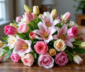 Róże, Bukiet, Kwiaty, Tulipany, Okno, Lilie, AI, Stół