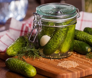 Deska, Nasiona, Ogórki, Przetwory, Przyprawy, Słoik, Koper