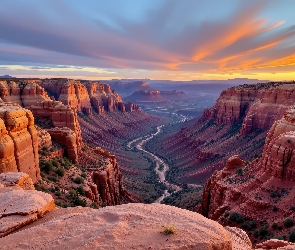 Zachód słońca, Grafika, Góry, Skały, Kanion