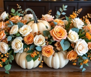 Pomarańczowe, Białe, Białe, Róże, Kwiaty, Trzy, Dynie
