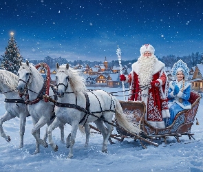 Białe, Trzy, Mikołaj, Konie, Sanie, Zima, Śnieżynka