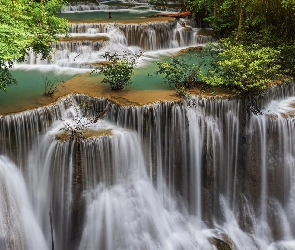 Prowincja Kanchanaburi, Drzewa, Erawan Falls, Tajlandia, Park Narodowy Erawan, Wodospad, Kaskada