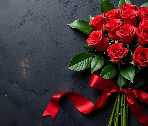 Czarne tło, Kokarda, Róże, Kwiaty, Czerwone, Wstążka