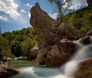 Drzewa, Wodospad, Skały, Rzeka