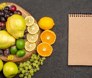 Owoce, Notes, Pomarańcze, Kredka, Deska, Gruszki, Winogrona, Cytryny, Jabłka