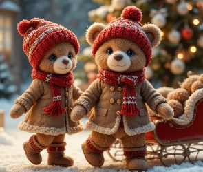 Choinka, Sanki, Misie, Dwa, Czapki, Kożuszki