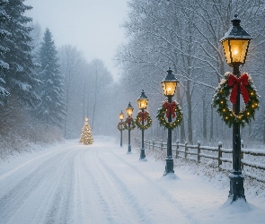Zima, Wieńce, Boże Narodzenie, Latarnie, Mgła, Droga, Las, Choinka