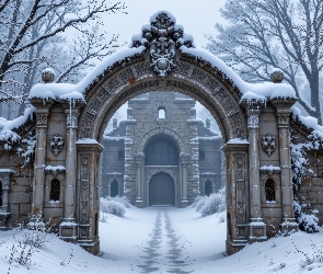 AI, Drzewa, Brama, Zima, Mur, Dom