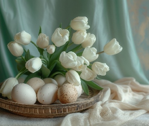 Tkanina, Taca, Jajka, Wielkanoc, Białe, Tulipany