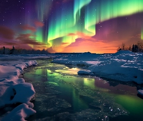Grafika AI, Zorza polarna, Zima, Rzeka