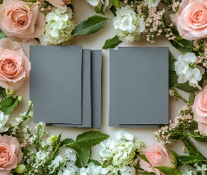 Różowe, Kartki, Szare, Róże, Kwiaty