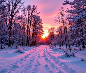 Grafika AI, Zachód słońca, Droga, Zima, Drzewa, Las