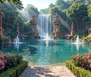 Ogród, Wodospad, Drzewa, Grafika, Kolumny, Kwiaty, Fontanny