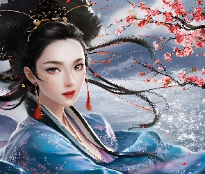 Azjatka, Grafika, Woda, Drzewo, Kobieta