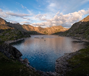 Jezioro, Chmury, Białe, Niebo, Góry