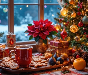 Prezenty, Kawa, Choinka, Okno, Kubek, Boże Narodzenie, Ciasteczka