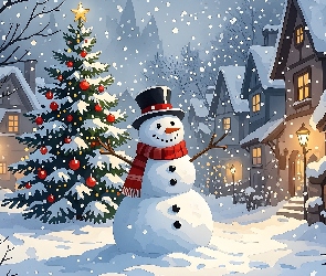 Boże Narodzenie, Drzewo, Bałwan, Kapelusz, Zima, Śnieg, Ośnieżona, Bombki, Domy, Padający, Szal, Grafika, Choinka