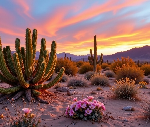 Kolorowe, Piasek, Kępki, Góry, Rośliny, Kwiaty, Niebo, Kaktusy, Różowe