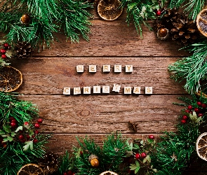 Napis, Szyszki, Klocki, Merry Christmas, Boże Narodzenie