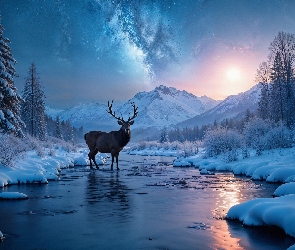Droga Mleczna, Niebo, Drzewa, Gwiazdy, Rzeka, Noc, Jeleń, Śnieg, Zima, Góry