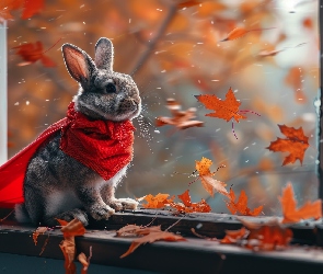 Jesień, Liście, Czerwony, Królik, Szal, Okno