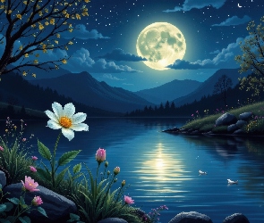 Góry, Noc, Drzewa, Grafika AI, Księżyc, Kwiaty, Jezioro