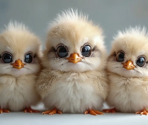 Grafika, Tło, Ptaki, Trzy, Pisklęta, Szare