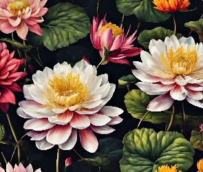 Kolorowe, Grafika, Liście, Kwiaty, Lilie wodne