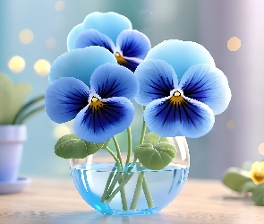 Wazon, Szklany, Bratki, Niebieskie, Kwiaty, Grafika