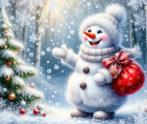 Las, Śnieg, Bałwanek, Zima, Worek, Choinka