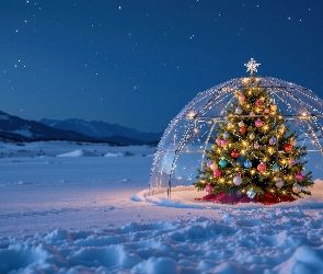 Boże Narodzenie, Choinka, Góry, Zima, Szklane, Igloo
