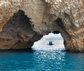 Skała, Łódka, Morze, Grota