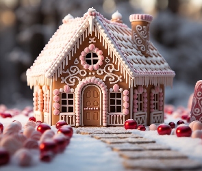 Udekorowany, Czerwone, Pierniki, Stożki, Kule, Domek, AI, Białe