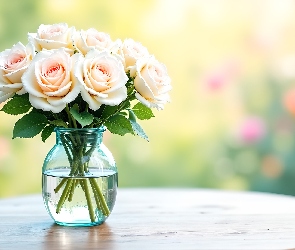 Grafika AI, Stolik, Róże, Kremowo-różowe, Szklany, Wazon