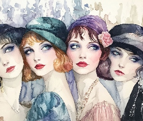 Twarze, Grafika AI, Retro, Kapelusze, Dziewczyny