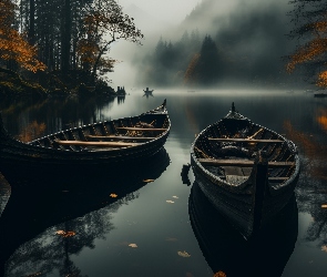 Jesień, Mgła, Łódki, Drzewa, Góry, Dwie, Jezioro