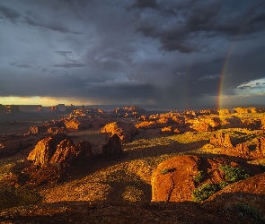Stany Zjednoczone, Chmury, Skały, Tęcza, Ciemne, Dolina Pomników, Stan Arizona, Wyżyna Kolorado, Region Monument Valley