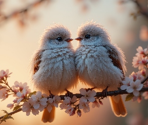 Grafika, Gałązka, Dwa, Młode, Ptaki, Kwiaty