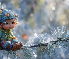 Szron, Sosna, Kolorowe, Grafika AI, Gałązka, Skrzat, Ubranko