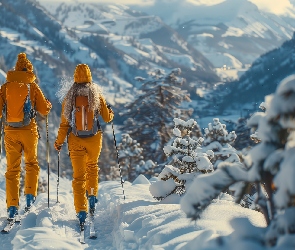 Narciarze, Grafika AI, Góry, Drzewa, Zima