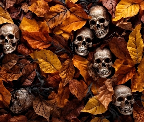 Grafika AI, Liście, Halloween, Czaszki