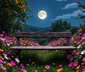 Kwiaty, AI, Księżyc, Noc, Ławka
