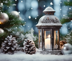 Śnieg, Bombki, Zima, Świeca, Gałązki, Lampion, Boże Narodzenie, Szyszki