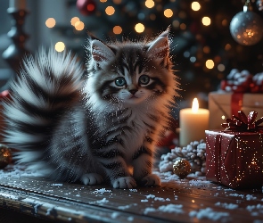 Prezent, Grafika AI, Choinka, Świece, Kot