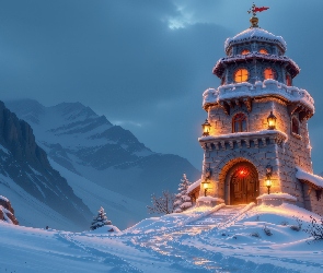 Wieża, Chmury, Góry, Latarnie, Zima