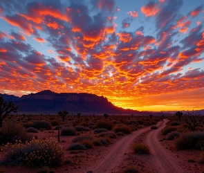 Droga, Góry, Kolorowe, Rośliny, Chmury, Zachód słońca, Niebo