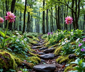 Grafika AI, Kamienie, Drzewa, Las, Kwiaty, Ścieżka