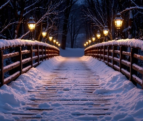 Most, Grafika AI, Zima, Latarnie, Ośnieżony