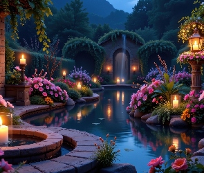 Ogród, Murowany, Kwiaty, Łuk, Rośliny, Różowe, Oczko wodne, Świece, Lampion