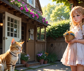 Kot, Grafika, Podwórko, Dom, Dziewczynka